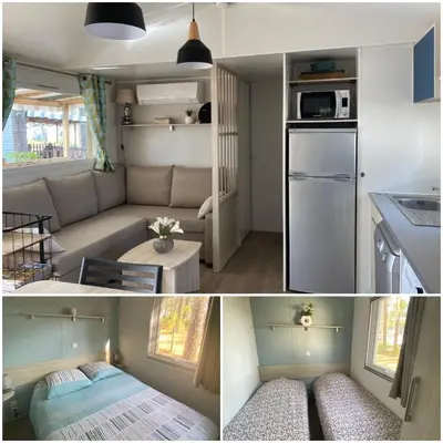 Cuisine ou kitchenette dans l'établissement Charmant Mobilhome avec espace vert au milieu des pins proche de la plage sur le camping 