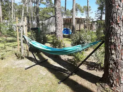 Jardin de l'établissement Charmant Mobilhome avec espace vert au milieu des pins proche de la plage sur le camping 