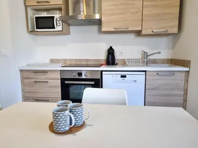 Cuisine ou kitchenette dans l'établissement La Cabane Fournier 10 min a pied de Mimizan plage et commerce
