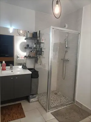 Salle de bains dans l'établissement Appart' cocooning prêt de la forêt