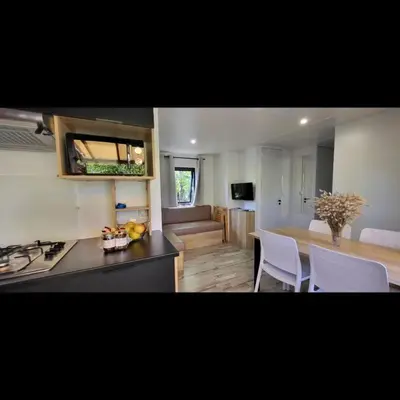 Cuisine ou kitchenette dans l'établissement Mobil Home Premium 3 ch Camping 5 Biscarrosse Mayotte F64