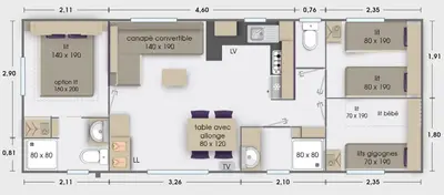 Plan de l'établissement Mobilhome Dunes de Contis 3chambres, spacieux, moderne et tout confort