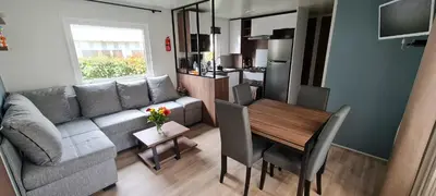 Cuisine ou kitchenette dans l'établissement Mobil home 693 à la réserve 8 personnes avec terrasse couverte