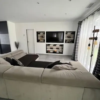 Un ou plusieurs lits dans un hébergement de l'établissement Maison 3 chambres avec piscine chauffée