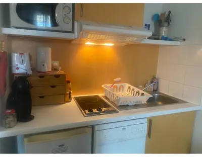 Cuisine ou kitchenette dans l'établissement Maisonnette dans village vacances canapé convertible , chambre 1 lit et mezzanine ,draps en plus