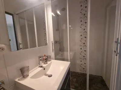 Salle de bains dans l'établissement Appartement rénové à Seignosse : Plage et commerces à pied, terrasse et wifi inclus - FR-1-239-1081