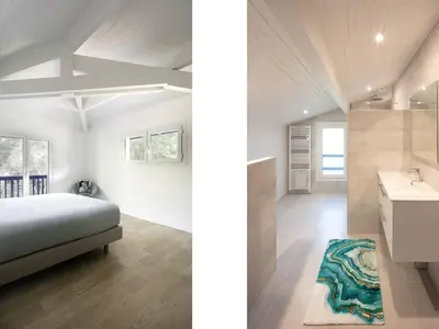 Un ou plusieurs lits dans un hébergement de l'établissement Villa de luxe avec piscine chauffée, jacuzzi, sauna au cœur de la forêt des Landes - FR-1-791-24