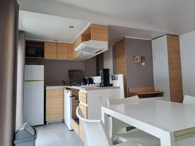 Cuisine ou kitchenette dans l'établissement HARMONIE Mobil home au cœur d'un camping 5 étoiles
