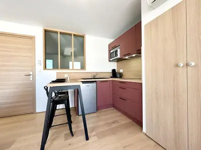 Cuisine ou kitchenette dans l'établissement Sous les Palmiers - Neuf - Parking - Centre - Télé