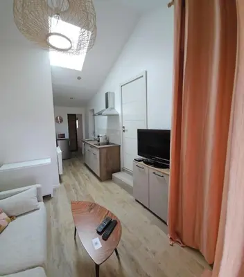 Cuisine ou kitchenette dans l'établissement logement avec cuisine et jardinet proche lac