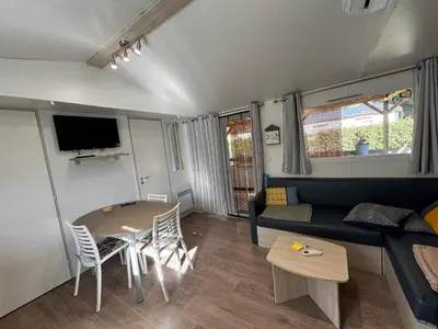 Télévision ou salle de divertissement dans l'établissement Bungalow à capbreton - Terrasse