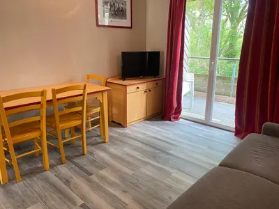 Télévision ou salle de divertissement dans l'établissement Maisonnette en bois pour 4 personne village vacances Avec