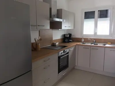 Cuisine ou kitchenette dans l'établissement Bassin Arcachon Appt recent4 couchages petit jardin