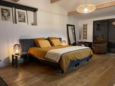 Un ou plusieurs lits dans un hébergement de l'établissement VILLA DE PRESTIGE avec salle de sports privée