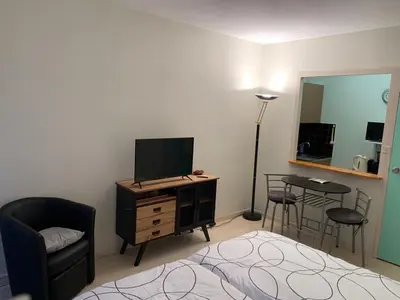 Télévision ou salle de divertissement dans l'établissement Très jolie studio à louer avec sa belle terrasse de 4m2 idéalement situé dans un hôtel thermale