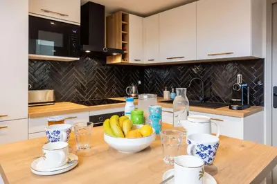 Cuisine ou kitchenette dans l'établissement Magnifique Appartement Biscarrosse Bourg