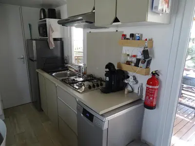 Cuisine ou kitchenette dans l'établissement Camping Rivages des Landes Mobil-home climatisé et Tv