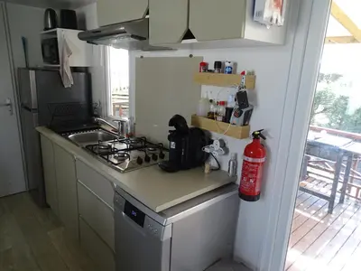 Cuisine ou kitchenette dans l'établissement Camping Rivages des Landes Mobil-home climatisé et Tv