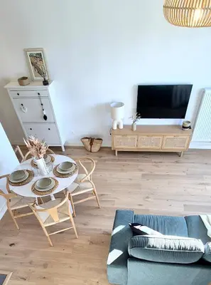 Télévision ou salle de divertissement dans l'établissement LE NID DU TEICH Duplex COSY ET CENTRAL A 5 MINUTES DE LA GARE