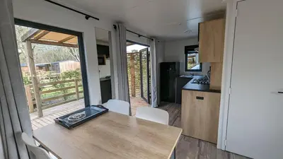 Cuisine ou kitchenette dans l'établissement Mobil Home Premium 3 ch Camping 5 Biscarrosse Mayotte F63