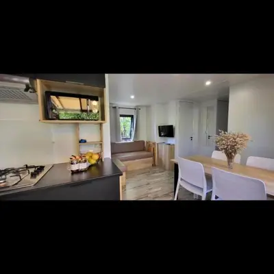 Cuisine ou kitchenette dans l'établissement Mobil Home Premium 3 ch Camping 5 Biscarrosse Mayotte F63