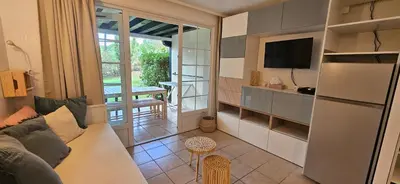 Télévision ou salle de divertissement dans l'établissement Appartement cosy sous pinède lac de Biscarrosse rénové