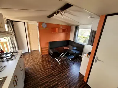 Cuisine ou kitchenette dans l'établissement Mobil home Capbreton