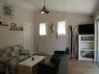 Coin salon dans l'établissement Maison style chalet au calme