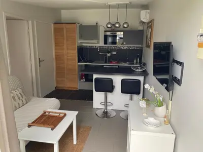 Cuisine ou kitchenette dans l'établissement Maisonnette climatisée avec piscine et plage à 6mn