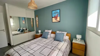 Un ou plusieurs lits dans un hébergement de l'établissement VILLA ALAÏA neuve avec piscine, pétanque proche plage et golf