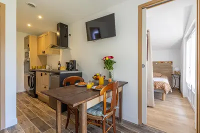 Cuisine ou kitchenette dans l'établissement Le Mermoz - idéal curistes - wifi - clim - jardin - parking - proche centre
