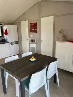 Cuisine ou kitchenette dans l'établissement SUPERBE CHALET sous les pins