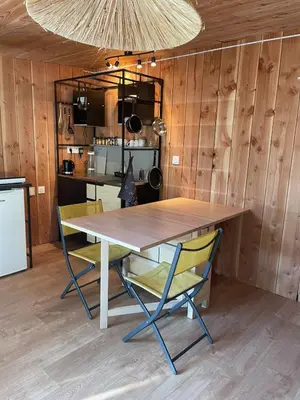 Cuisine ou kitchenette dans l'établissement Deux studios bois terrasse jardin bassin et océan