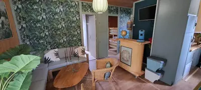 Cuisine ou kitchenette dans l'établissement Joli chalet exotique à Biscarrosse-Lac