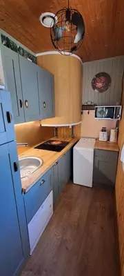 Cuisine ou kitchenette dans l'établissement Joli chalet exotique à Biscarrosse-Lac