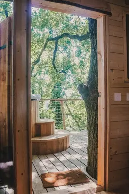 Jardin de l'établissement La Cabanoun, cabane perchée vue lac