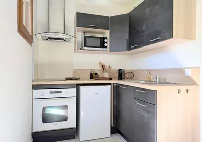 Cuisine ou kitchenette dans l'établissement T2 near lake,pool,terrace