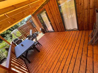 Balcon ou terrasse dans l'établissement 531 Mobi-Chalet 3 chambres 2 sd Bassin d'Arcachon