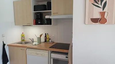 Cuisine ou kitchenette dans l'établissement T3 Nature Ondres plage avec piscine et tennis