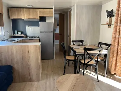 Cuisine ou kitchenette dans l'établissement MH 399 3 chambres et 2 salles de bain entièrement équipé dans camping 4 étoiles