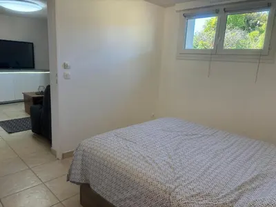 Un ou plusieurs lits dans un hébergement de l'établissement Forêt et Océan grand appartement rdc avec vue sur la forêt proche du centre ville