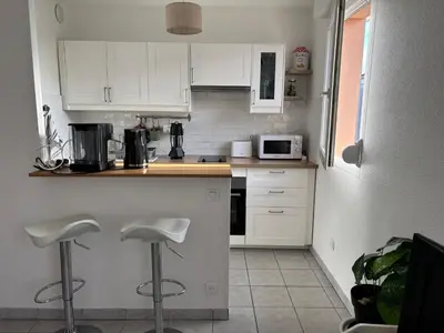 Cuisine ou kitchenette dans l'établissement Le petit nid douillet du Bassin T2