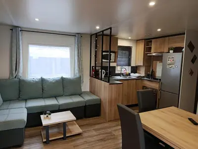 Cuisine ou kitchenette dans l'établissement Superbe mobil-home à Seignosse plage