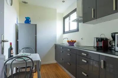Cuisine ou kitchenette dans l'établissement Lumineux - parking - wifi - clim - 3 lits dont 1 King size - jardin-
