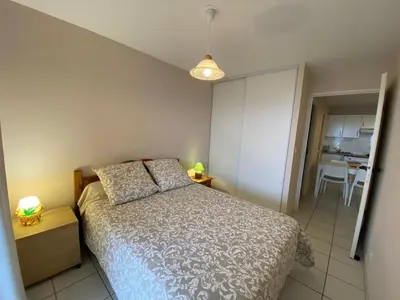 Un ou plusieurs lits dans un hébergement de l'établissement Appartement T2 avec terrasse et animaux acceptés - FR-1-379-65