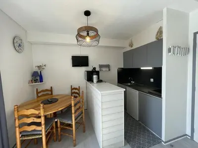 Cuisine ou kitchenette dans l'établissement Appartement T1 à 50m du lac avec piscine, salle de jeux et parking, idéal famille/amis - FR-1-379-63