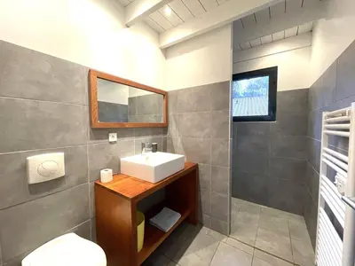 Salle de bains dans l'établissement Villa 8 pers proche lac marin, WiFi, animaux permis, parking - FR-1-379-83