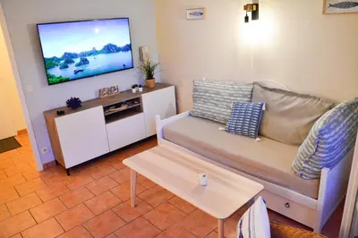 Télévision ou salle de divertissement dans l'établissement Cottage 40 **** Beach Golf Surf à pieds