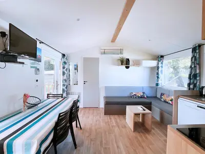 Télévision ou salle de divertissement dans l'établissement Le Ti Buch Mobilhome en Camping 4 étoiles avec Terrasse Plancha et Climatisation