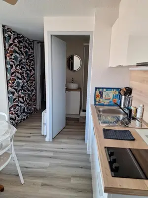 Cuisine ou kitchenette dans l'établissement appartement T2bis idealement situé au bord du lac marin de Vieux Boucau